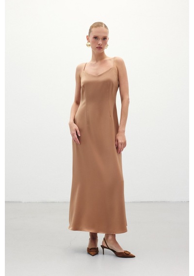 Sateen Askılı Uzun Saten Elbise - Camel-136330 Camel