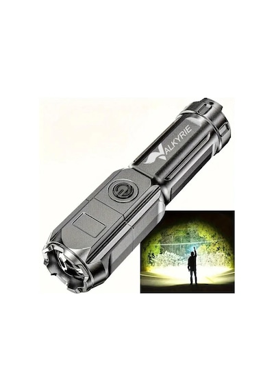 Valkyrie Şarjlı Ultra Güç El Feneri Zoom 3 Mod Type-c Uzun Kullanım Suya Dayanıklı Siyah
