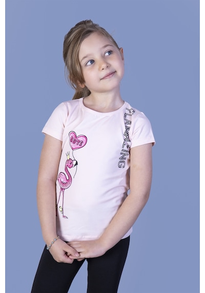 Toontoy Kids Toontoy Kız Çocuk Flamingo Desenli Taş İşlemeli Baskılı Tişört Pudra