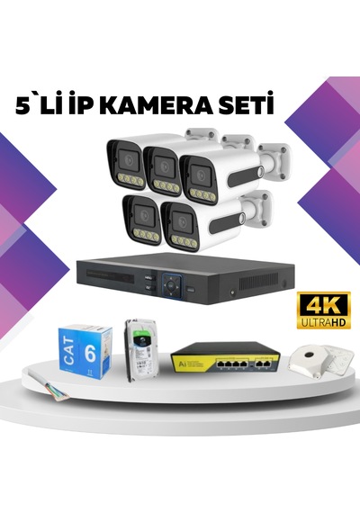 5'li Güvenlik Ip Kamera Seti - 4mp Dış Mekan Kamera, 3.6mm Lens,