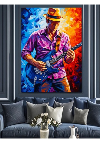 Ahşap Tablo Mavi Şapkalı Elektro Gitar Çalan