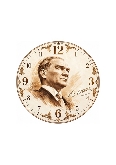 Atatürk Temalı 45 Cm Ahşap Sessiz Akar Mekanizmalı Uv Baskılı Dekoratif Duvar Saati Hediyelik 1100 Çok Renkli
