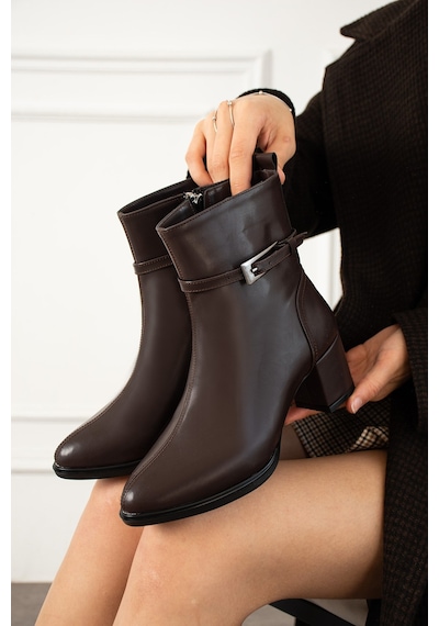 Dabab Shoes Astraya Kadın Tokalı Topuklu Kısa Konç Şık Kışlık Bot Bootie Kahverengi