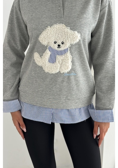 Kadın Nakış Peluş Ayıcık Figürlü Sweatshirt Eğlenceli & Şehirli Stil Gri