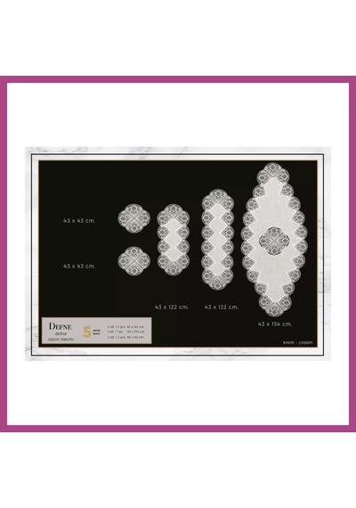 Gees Global Salon Takımı 5 Parça Keten Dantelli Masa Örtüsü Runner Seti Defne Model No 9385 -krem-krem Gbzs
