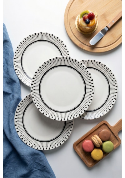 Modern Siyah Beyaz Desenli 6 Adet, 20 Cm Pasta, Tatlı Veya Kahvaltı Tabağı Seti Beyaz - Siyah