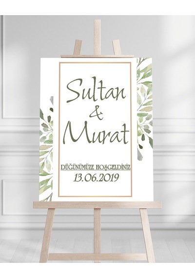Söz Nişan Düğün İçin 50x70 Karşılama Panosu - Yeşil Renkleri Çiçek Temalı 03 Beyaz