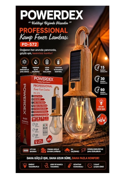 Powerdex Pd-572 Solar Şarjlı Kamp Feneri Uzaktan Kumandalı Led Kamp Lambası Askılı Taşınabilir Işık Diğer