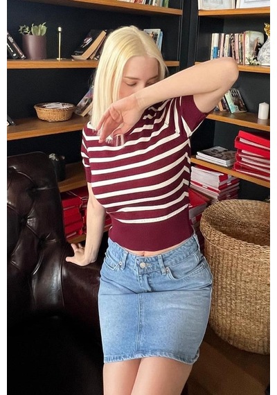 Seeh Bordo Bisiklet Yaka Çizgili Kadın T-shirt Sh371 Baskılı
