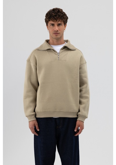 Vamos Basic Fermuarlı Dik Yaka Sweatshirt Haki