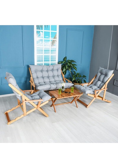 Ahşap Katlanabi Li R Taşinir Puf Mi Nderli Kollu Şezlong Plaj Teras Balkon Bahçe Takimi 4 Lü Set Gri Çok Renkli