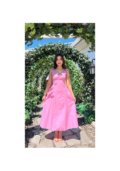 Moda Banuş Keten Pembe Askılı Bağcıklı Yazlık Elbise-dar Kalıp
