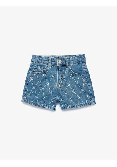 Koton Slim Fit Pamuklu Cepli Taş Detaylı Mini Denim Şort Orta İndigo 6skg40007ad