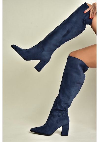 Fox Shoes Z752123202 Lacivert Süet Kalın Topuklu Kadın Çizme