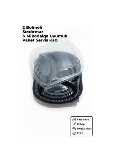 2 Bölmeli Sızdırmaz Mikrodalga Uyumlu Paket Servis Kabı - Siyah Lüks Yemek Kabı 10 Adet - 872728837