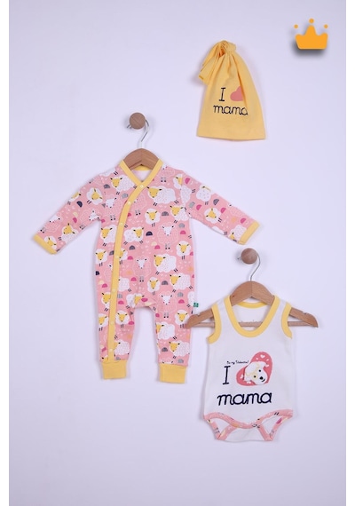 Babyhola Bebek Çıtçıtlı Badi Tulum Bere 3'lü Takım %100 Pamuk Annemi Seviyorum Yazılı 587-8 Pembe