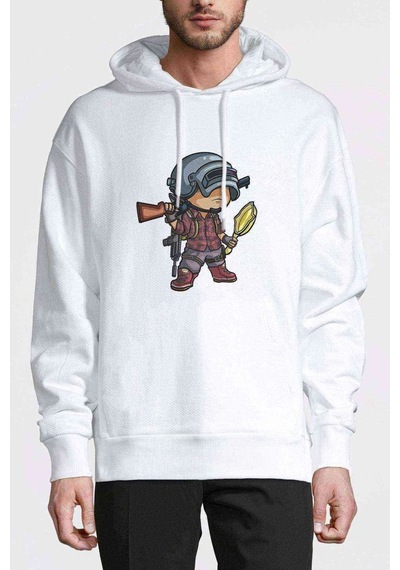 Pubg Animasyon Baskılı Beyaz Erkek Örme Kapşonlu Sweatshirt