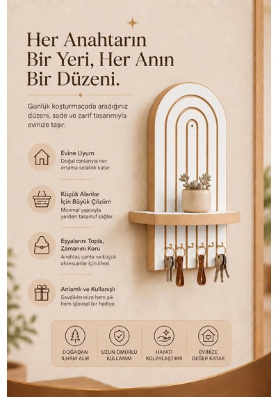 Lunara - Dekoratif Raflı Anahtarlık Askılığı - 6 Askılı Safir Meşe Mdf Lam Duvar Anahtarlığı - Antre Ev Giriş Düzenleyici Beyaz - 891845490
