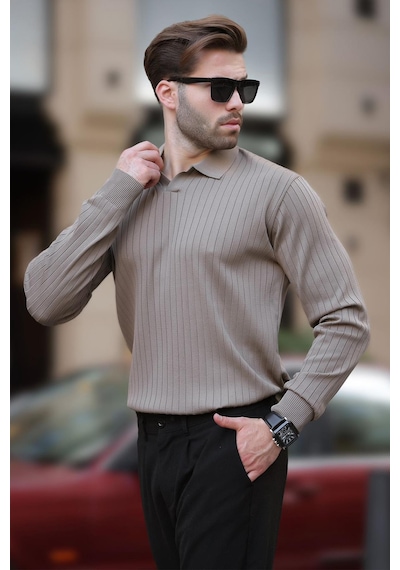 Madmext Kahverengi Polo Yaka Çizgili Uzun Kollu Kazak 7239 Kahverengi