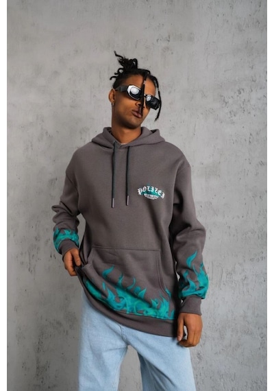 Erkek 3 İplik Pamuklu Alev Baskılı Kapüşonlu Hoodie Sweatshirt - Gri