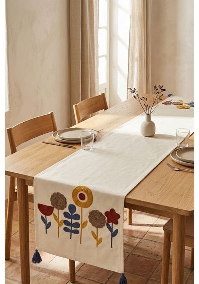 Botanik Rüya Renkli Punch Nakışlı Püsküllü Pamuk Runner 40x130 Cm Mavi