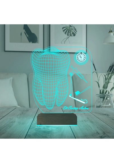 Luvivia Diş Doktoru Hediye Diş Hekimi İmplant Kişiye Özel Metal Saatli 3d Lamba - Masa Gece Lambası Şeffaf