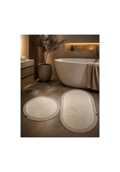 Nesrin Kaymaz Taban Peluş Banyo Paspası Seti Jüt Kenar Detaylı 2'li Oval Yuvarlak 100x60 60x60 Krem
