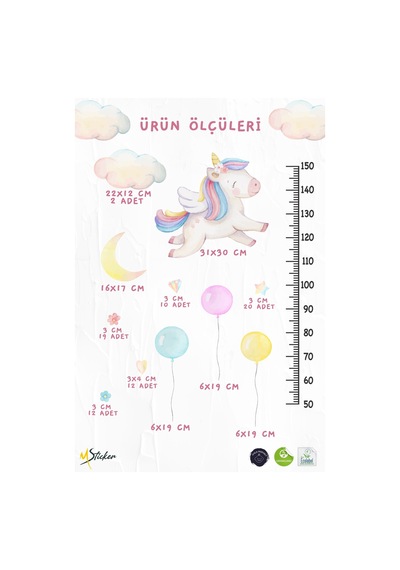 Sevimli Unicorn Ve Rengarenk Figürler Temalı Boy Ölçer Boy Cetveli Sticker Seti Çocuk Çiçekli Yıldız