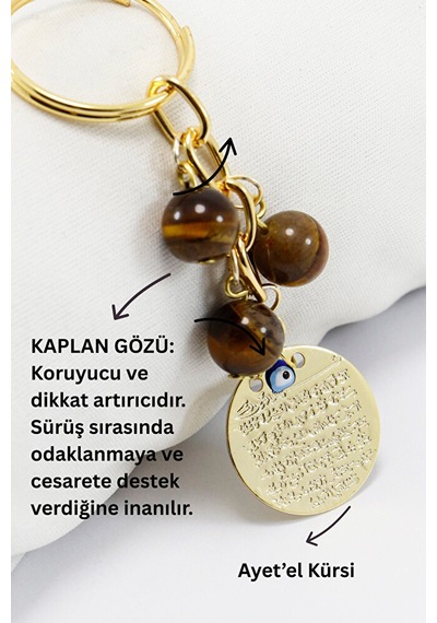 Doğal Taşlı Metal Ayetel Kürsi Dualı Anahtarlık, Kaplan Gözü Bonc
