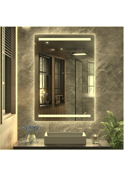Nuun Dekor 70x50 Günışığı Ledli Kumlamalı Banyo Lavabo Ofis Makyaj Kuaför Aynası Prizli Şeffaf