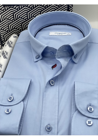 Slim Fit Uzun Kol Yıkamalı Gabardin Hediye Kutulu Erkek Gömlek Fs-001364 - Mavi-1439 MAVİ