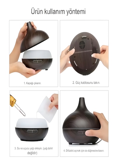 500ml Kumandalı Ahşap Desenli Aroma Difüzör Hava Nemlendirici 7 Renk Led, Rgb Işıklı