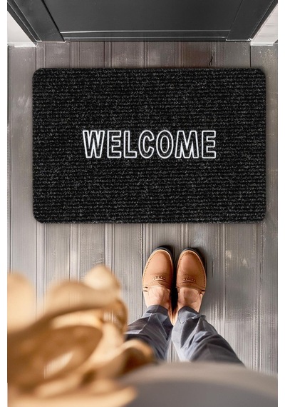 Welcome Deri Baskılı Uv Dayanıklı Kapı Önü Paspası Ps012a Siyah