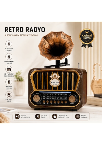 Gold Silver Gs-1370 Nostaljik Gramofon Tasarımlı Bluetoothlu 3-band Radyo & Müzik Çalar