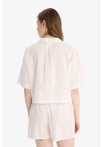 Defacto Oversize Geniş Kalıp Pijama Yaka Nakışlı Brode Kısa Kollu Gömlek B9022ax25smwt32 Beyaz