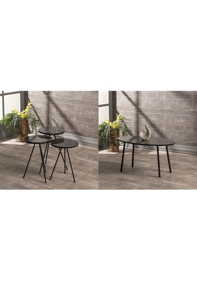 Zigon Sehpa Ve Orta Sehpa Set Metal Elips Siyah Mermer Desen