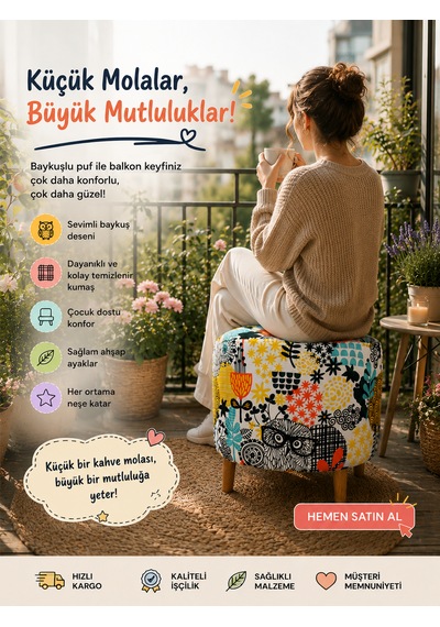 Diday Baykuş Puf Trend Puf Koltuk Puff Bench Dekoratif Bohem Doğal Gürgen Ayaklı Çok Amaçlı Bahçe Ev Balkon Çok Renkli
