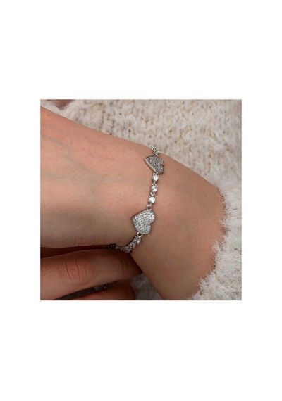 Gümüş Zirkon Taşlı Sıralı Kalp Kadın Bileklik Gümüş Gümüş