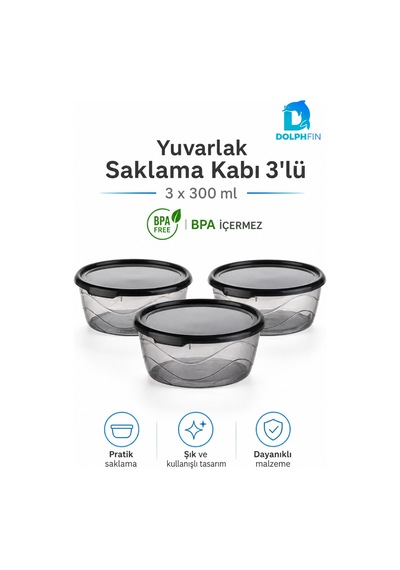 3 Lü Yuvarlak Saklama Kabı Seti 3x300 Ml Şeffaf Siyah Kapaklı Bpa İçermez