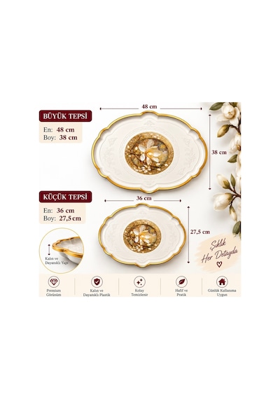 2 Li Büyük Boy Gold Dekoratif Sunum Tepsisi Seti 48x38 / 36x27,5 Cm Kalın Dayanıklı Plastik Çay Kahve Servis İkram Tepsisi 5 Farklı Model Bej