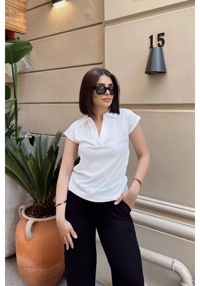 Beyaz Polo Yaka, Kısa Kol, Fitilli Kaşkorşe Kumaş, Basic Kalıp/kesim, Spor Ve Günlük Bluz & T-shirt Beyaz