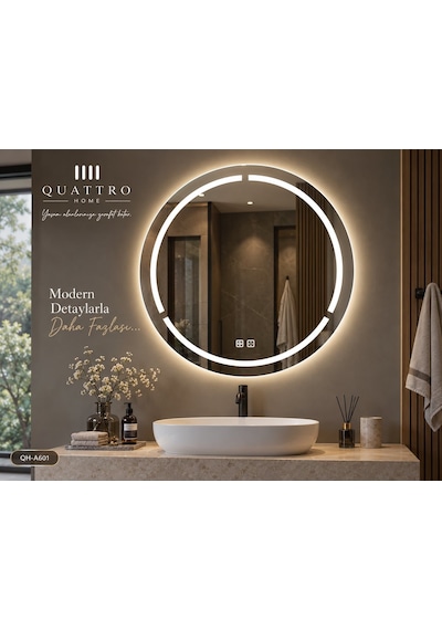 Dokunmatik Dimmer Özellikli Yuvarlak Led Işıklı Banyo Aynası 100 Cm 80 Cm Çap Açık Gri