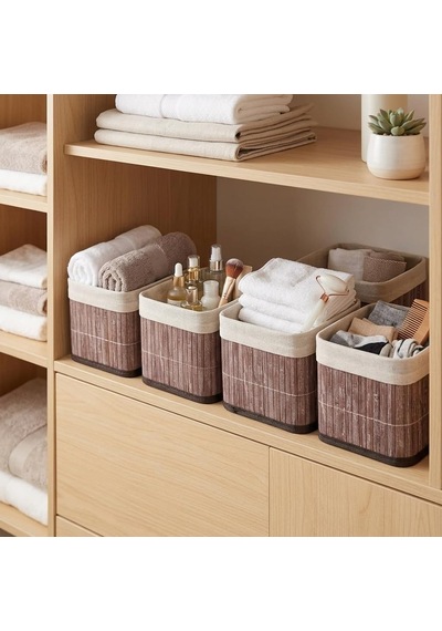 Bambu Çok Amaçlı Saklama Kutusu Düzenleyici Kare Organizer, Dekoratif Bambu Düzenleyici Gri 20x20x13cm 4 Adet Diğer