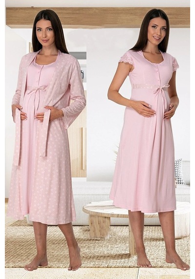 Effortt Dvina Lohusa Hamile Desenli Sabahlık Ve Kısa Kollu Gecelik Takımı - 2'li Set - Pembe Pembe