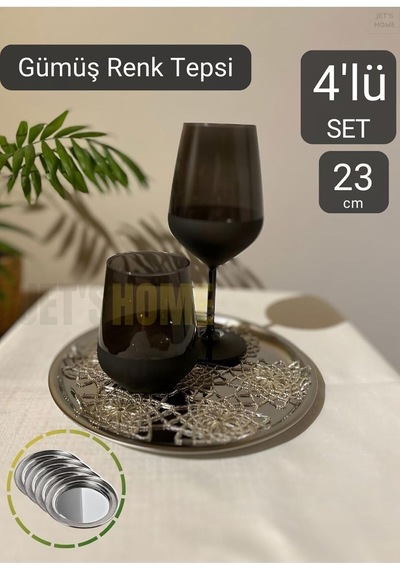 4'lü Set Lüx Sunum Tepsisi Paslanmaz Kahve Tepsisi Çelik Tepsi Yuvarlak Çeyizlik Tepsi 23 Cm Çok Renkli