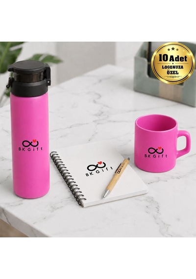 Logonuza Özel 10 Adet Ahşap Kutulu Pembe Kurumsal Hediye Seti Cam Suluk, Seramik Fincan, Defter Ve Kalemli Promosyon Seti