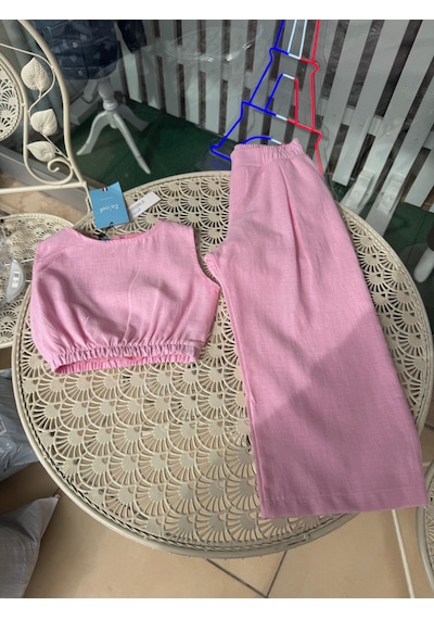 Magu Kız Çocuk Pamuklu Kolsuz Bluz Ve Bol Paça Pantolon Takım - Yazlık Şıklık Pembe