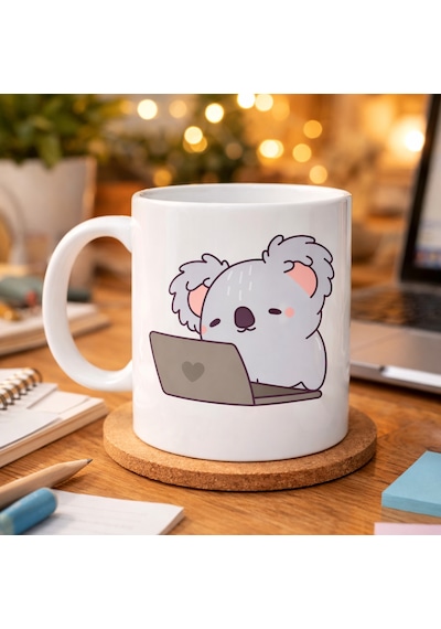 Laptoplu Koala Desenli Porselen Kupa Model 111 Sevimli Ofis Kupası , Çalışanlara Özel Tatlı Hediye Diğer