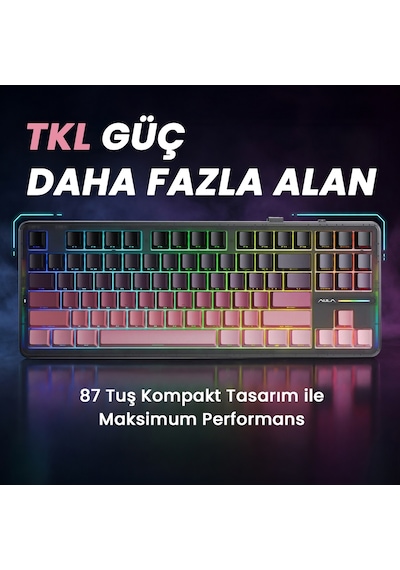 Aula F87 Pro Mekanik Rgb Tkl Graywood V4 Switch Kablosuz Makrolu Hot Swap Klavye Gradyan Pembe