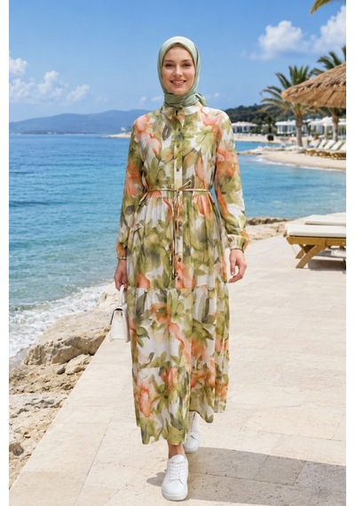 Hb Harma Time Butik Kadın Düğmeli Desenli Modal Kumaş Yeşil Elbise